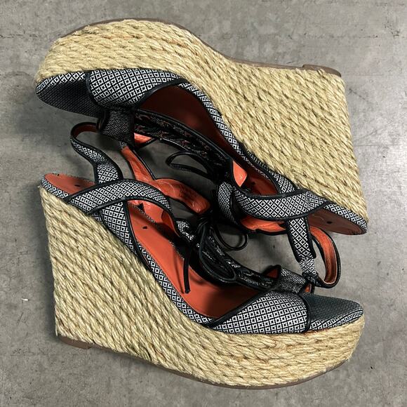 Via Spiga (9) Kassiana Black Leather Espadrille Platform Wedge Heel Sandal Shoes - Picture 2 of 10